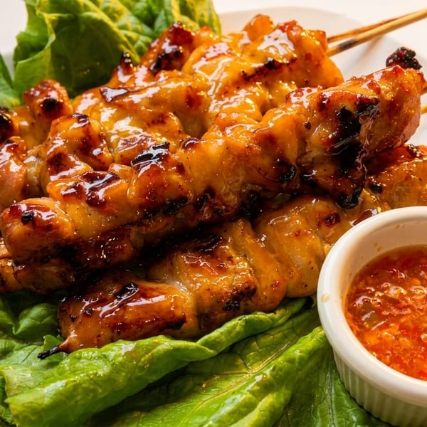 Grilled chicken skewers with a sweet glaze, served on lettuce with a side of chili sauce.