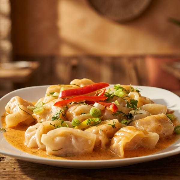 Plate of dumplings in a creamy sauce, garnished with red chilies and green onions, on a wooden table.