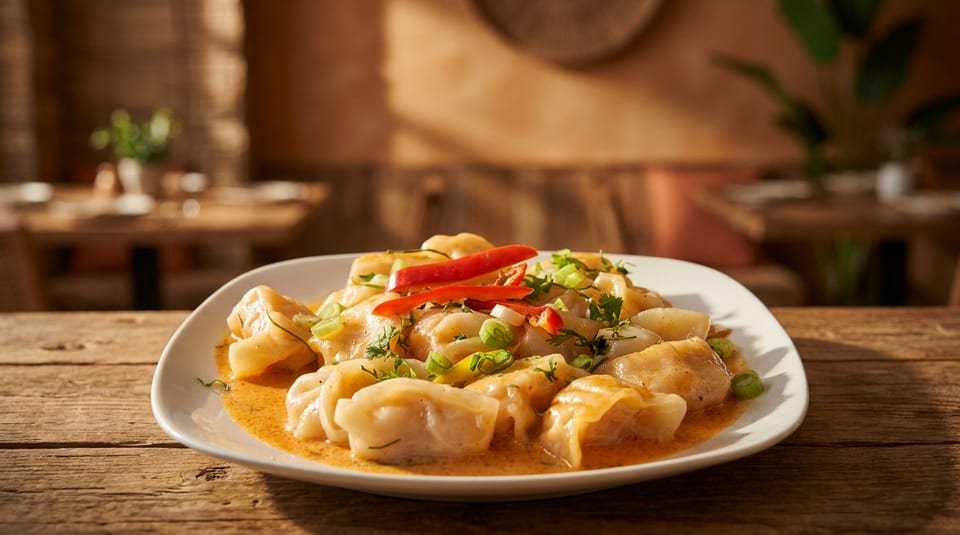 Plate of dumplings in a creamy sauce, garnished with red chilies and green onions on a wooden table.