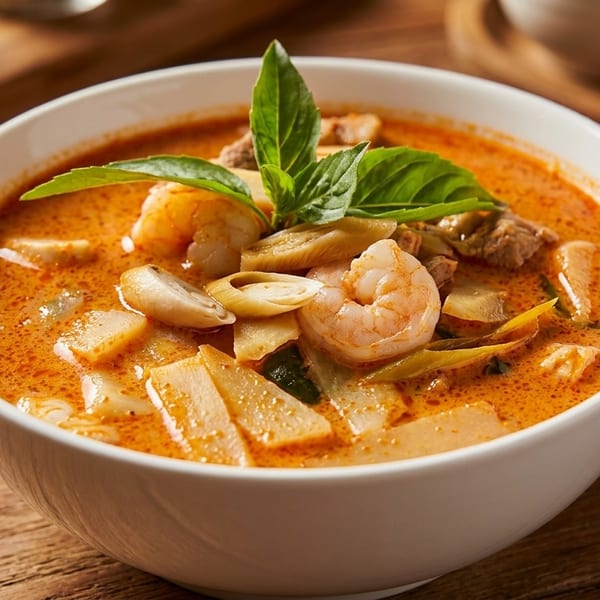 A white bowl of vibrant orange Thai red curry with shrimp, bamboo shoots, and basil on a wooden table.