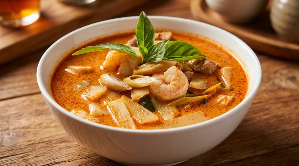 A white bowl of vibrant orange Thai red curry with shrimp, bamboo shoots, and basil on a wooden table.