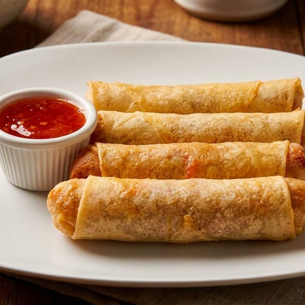 Four crispy golden spring rolls on a white plate with a side of sweet chili sauce.