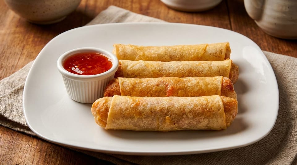 Four golden spring rolls and a small cup of sweet chili sauce on a white plate.