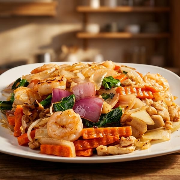 A white plate of stir-fried shrimp, chicken, carrots, onions, and greens on a wooden table.