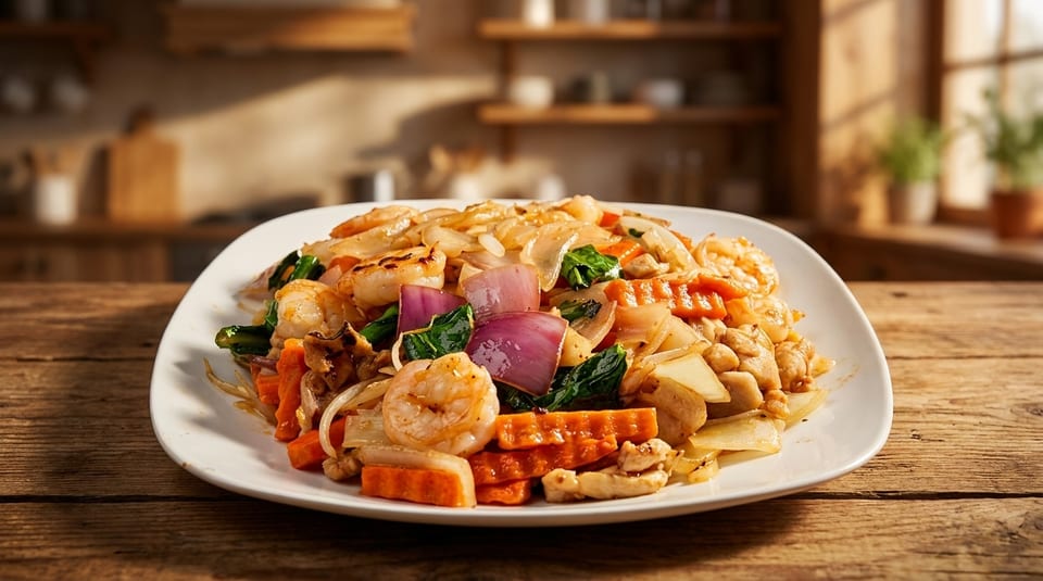 A white plate of stir-fried shrimp, chicken, carrots, onions, and greens on a wooden table.