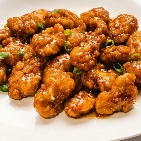 A white plate piled high with golden-brown, glazed General Tso's chicken, garnished with green onions.