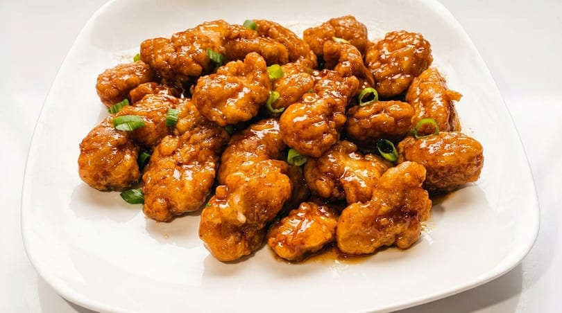 A white plate piled high with golden-brown, glazed General Tso's chicken, garnished with green onions.