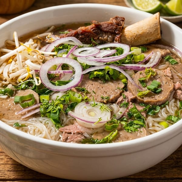 A white bowl of pho with beef, noodles, bean sprouts, red onions, and herbs on a wooden table.