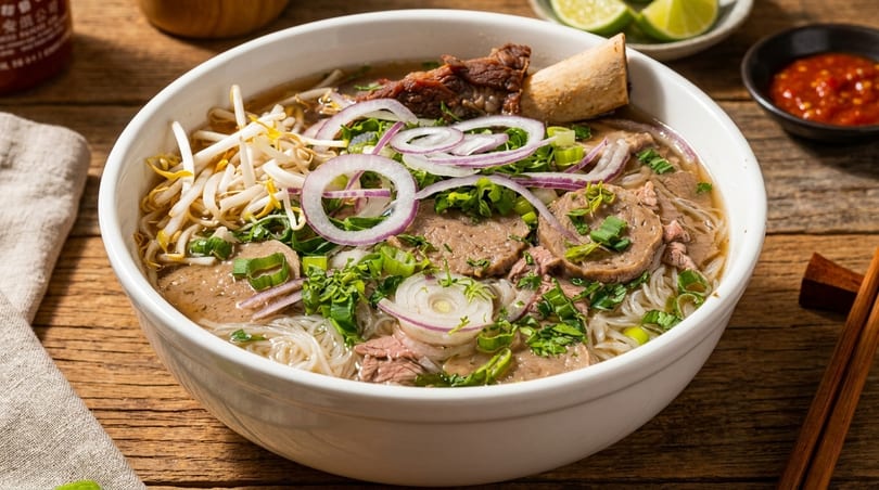 A white bowl of pho with beef, noodles, bean sprouts, red onions, and herbs on a wooden table.