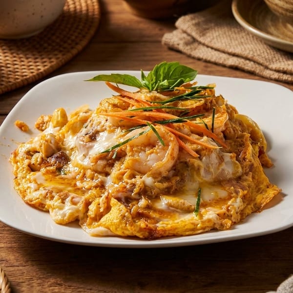 A plate of creamy scrambled eggs with shrimp, carrots, and herbs on a rustic wooden table.
