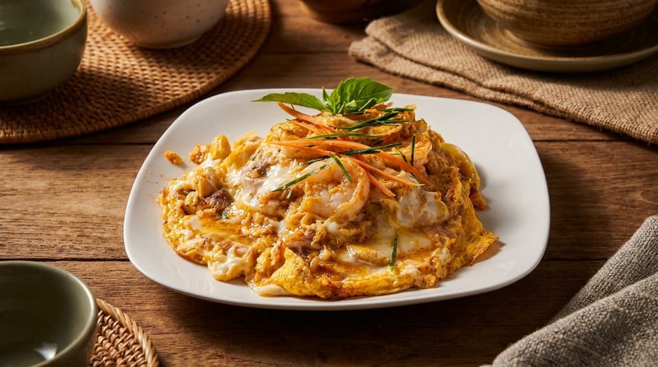 A plate of creamy scrambled eggs with shrimp, carrots, and herbs on a rustic wooden table.