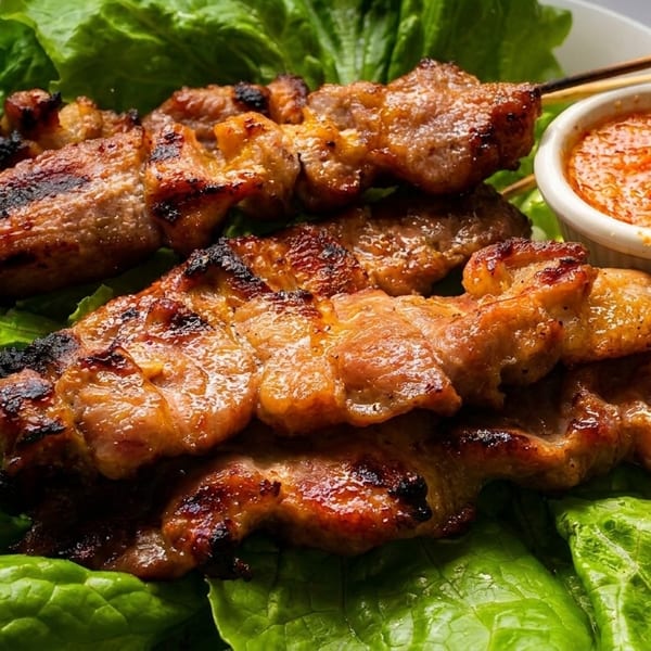 Grilled pork skewers with a side of chili dipping sauce, served on a bed of fresh lettuce.