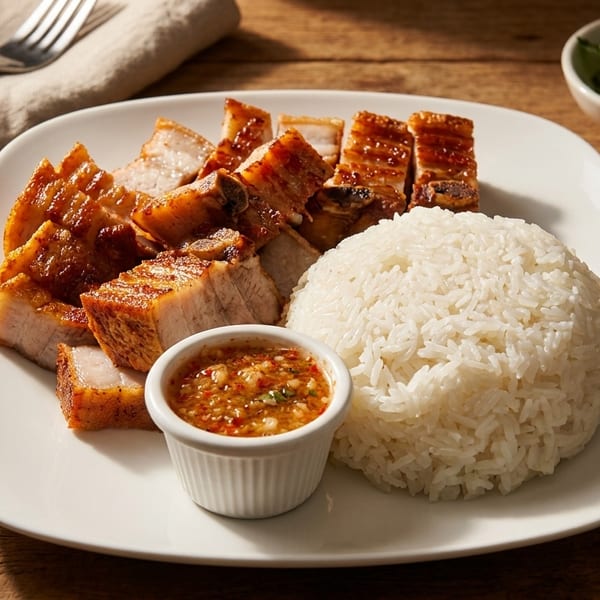 Crispy pork belly with rice and chili dipping sauce on a white plate, on a wooden table.