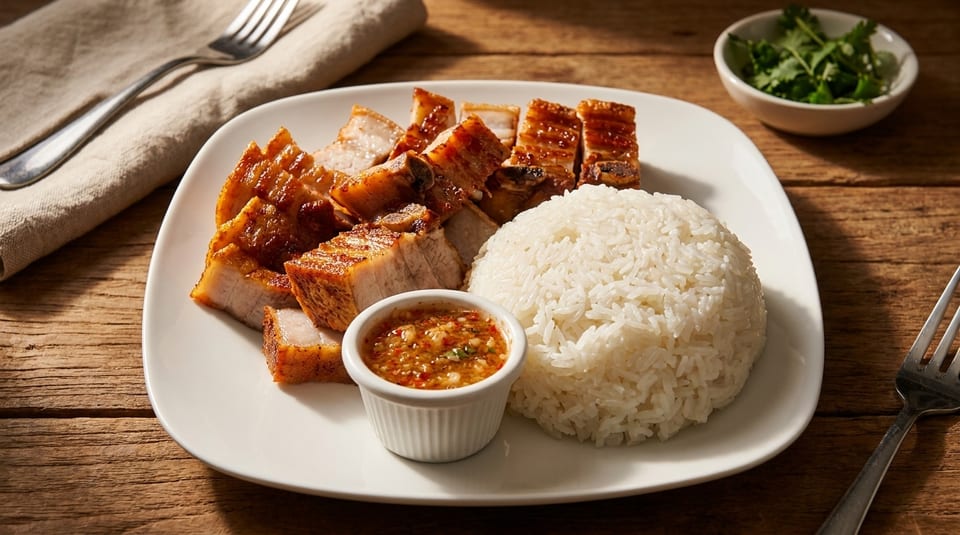 Crispy pork belly with rice and chili dipping sauce on a white plate, on a wooden table.
